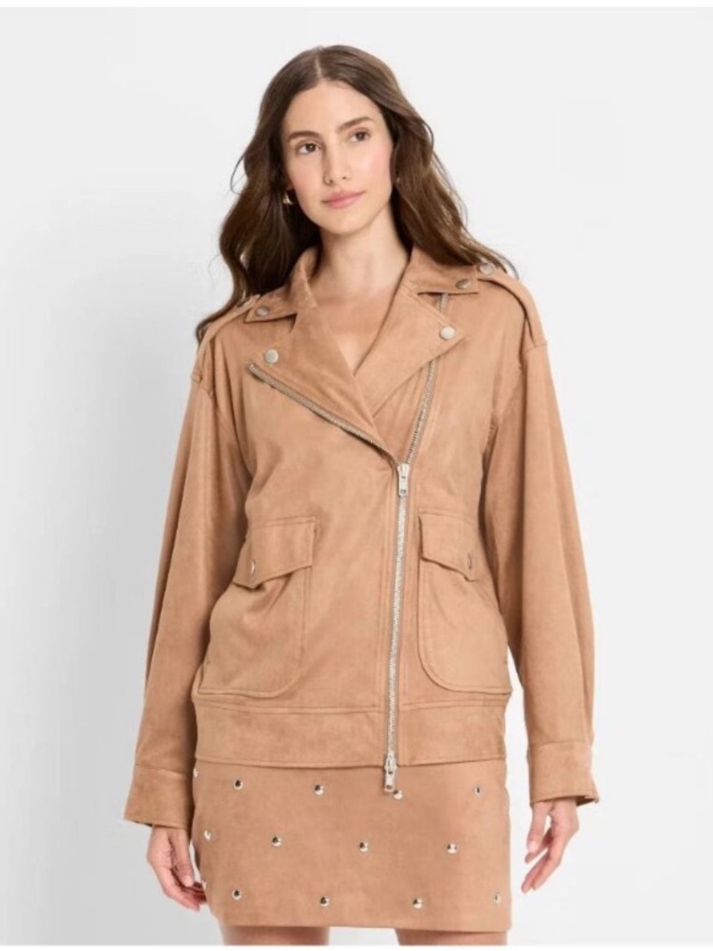 Future Collective Women’s Faux Suede Moto Jacket - Tan Size Small NWOT